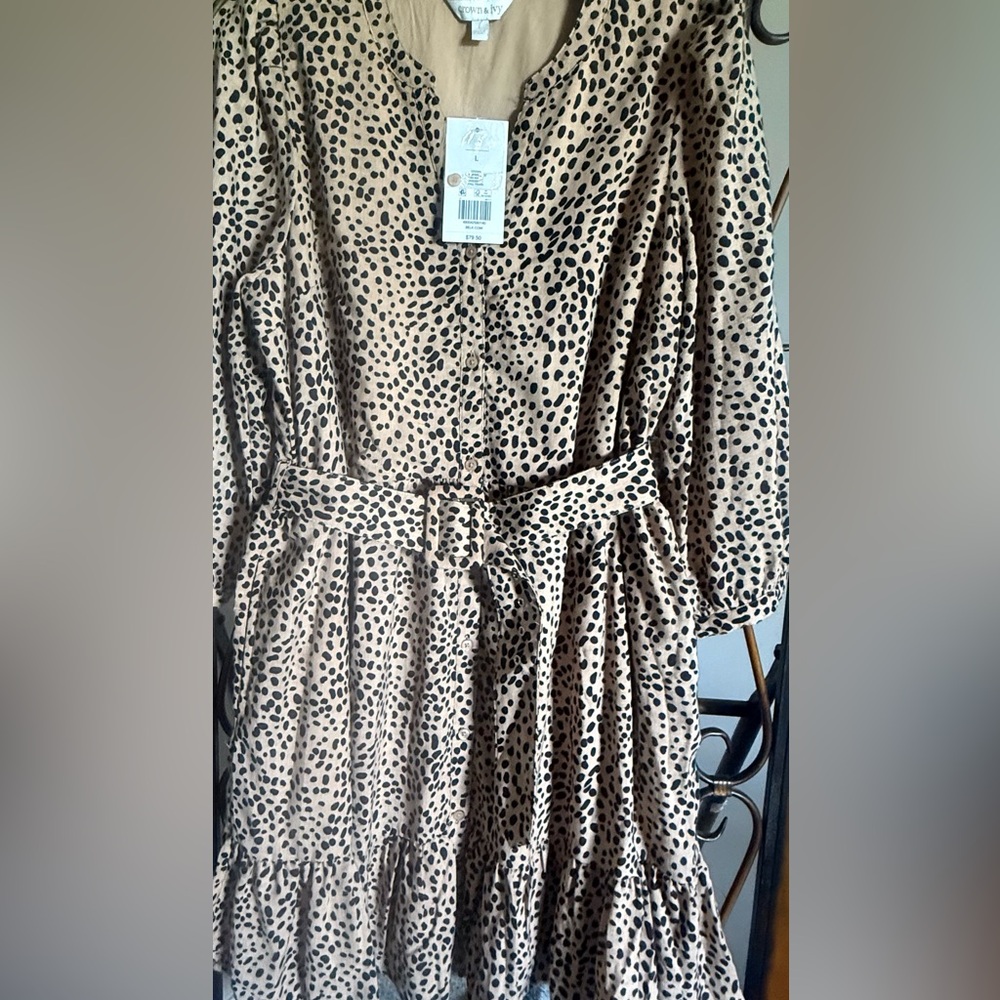 NWT Crown & Ivy Belted Tan Animal Print Button-Front Dress Tiered Dress